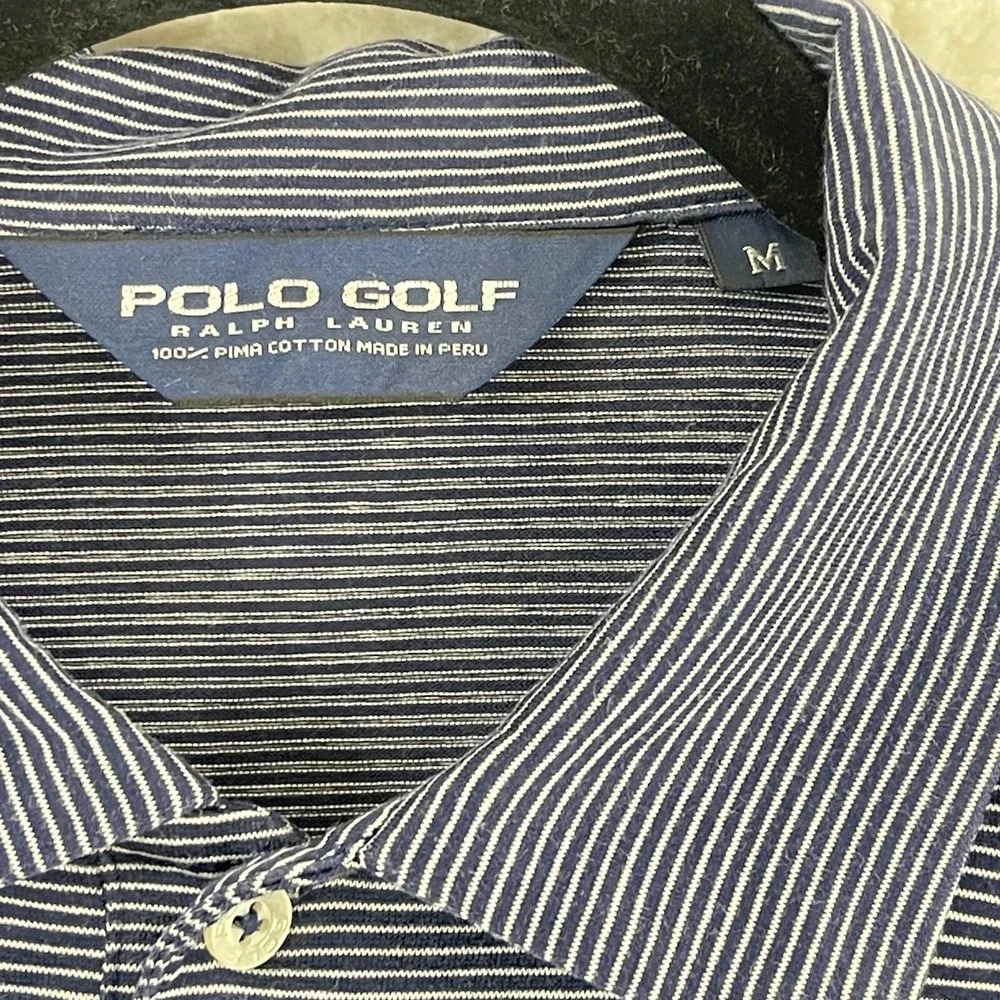 Ralph Lauren Blue White Stripe Golf Polo‎ Shirt Mens Short Sleeve Size Medium